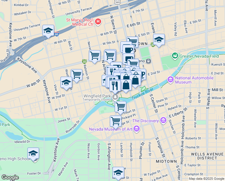 map of restaurants, bars, coffee shops, grocery stores, and more near 300 West 1st Street in Reno