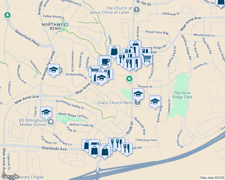 map of restaurants, bars, coffee shops, grocery stores, and more near 1405 Canyon Creek Road in Reno