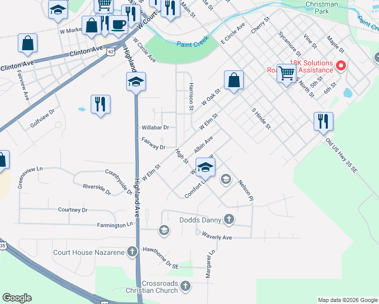 map of restaurants, bars, coffee shops, grocery stores, and more near 558 Albin Avenue in Washington Court House