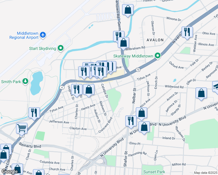 map of restaurants, bars, coffee shops, grocery stores, and more near in Middletown