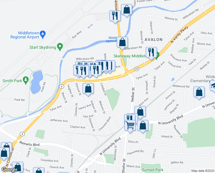 map of restaurants, bars, coffee shops, grocery stores, and more near in Middletown