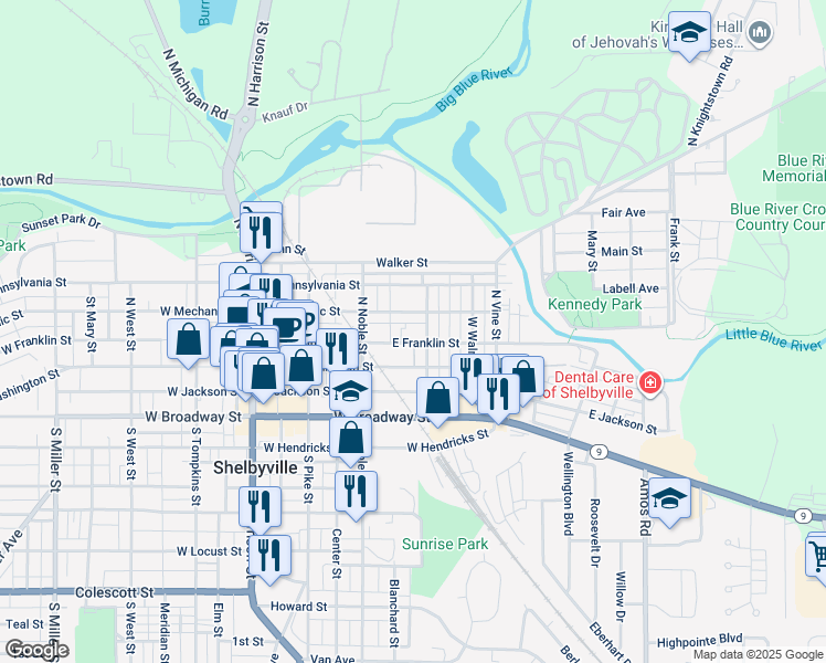 map of restaurants, bars, coffee shops, grocery stores, and more near 239 East Franklin Street in Shelbyville