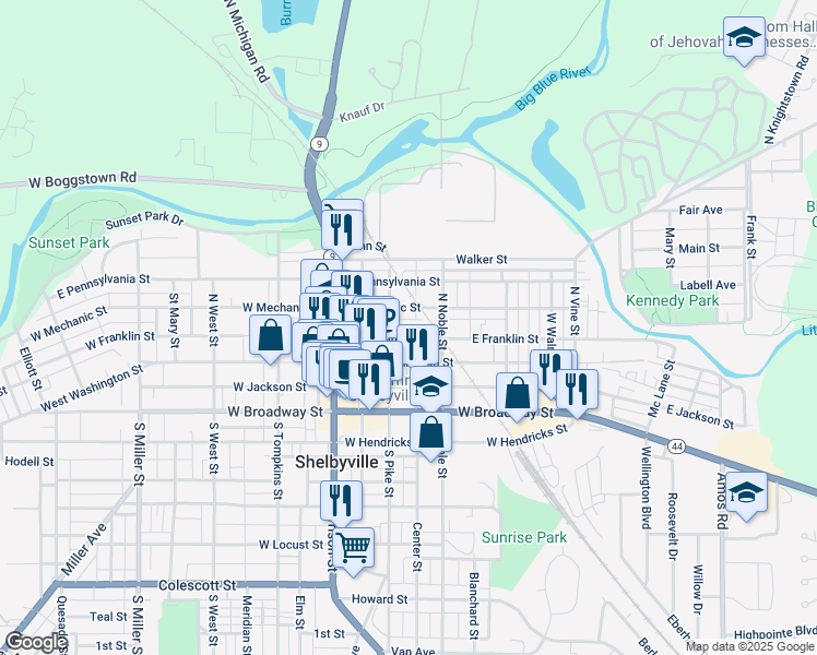 map of restaurants, bars, coffee shops, grocery stores, and more near 111 East Franklin Street in Shelbyville