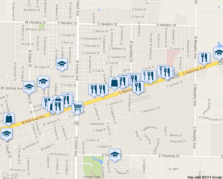 map of restaurants, bars, coffee shops, grocery stores, and more near 500 E National Ave in Brazil
