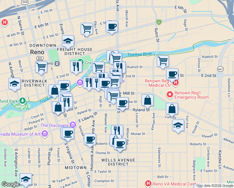 map of restaurants, bars, coffee shops, grocery stores, and more near 135 South Wells Avenue in Reno
