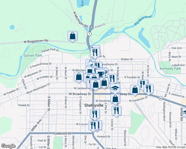 map of restaurants, bars, coffee shops, grocery stores, and more near 111 North Harrison Street in Shelbyville