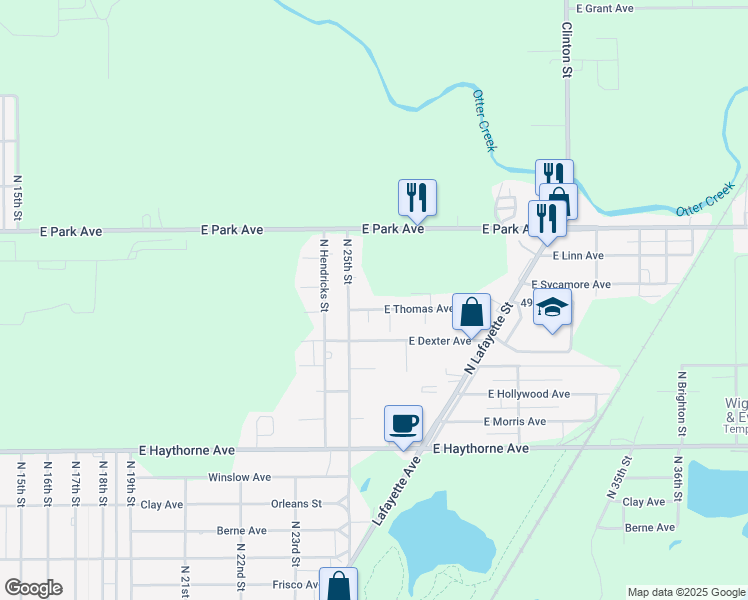 map of restaurants, bars, coffee shops, grocery stores, and more near 2535 East Thomas Avenue in Terre Haute