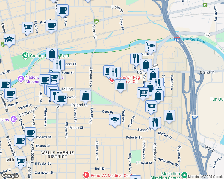 map of restaurants, bars, coffee shops, grocery stores, and more near 1155 Mill Street in Reno