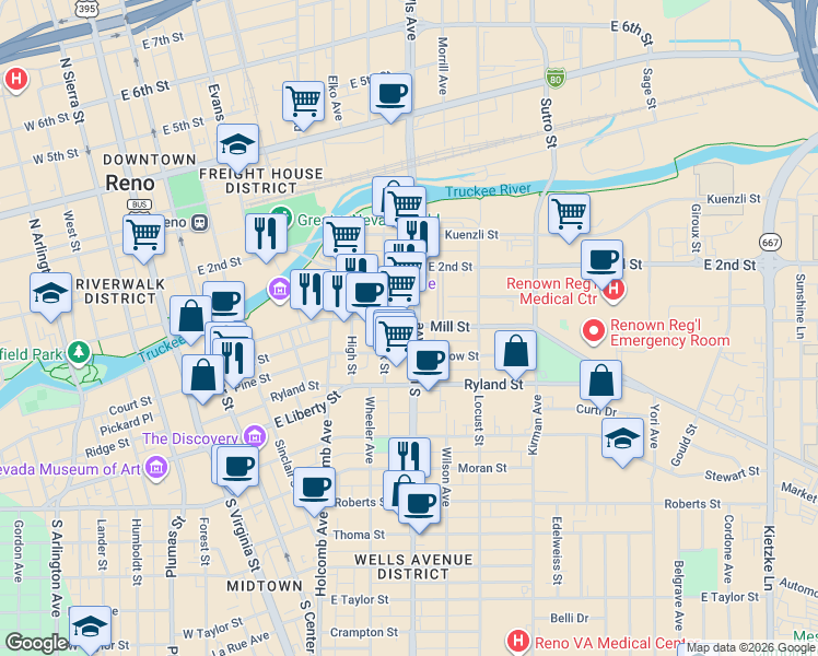 map of restaurants, bars, coffee shops, grocery stores, and more near 135 South Wells Avenue in Reno