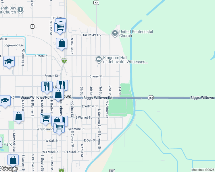 map of restaurants, bars, coffee shops, grocery stores, and more near 457 2nd Street in Willows
