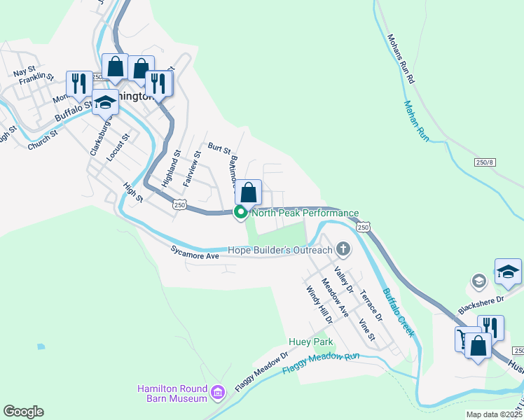 map of restaurants, bars, coffee shops, grocery stores, and more near 917 East Main Street in Mannington