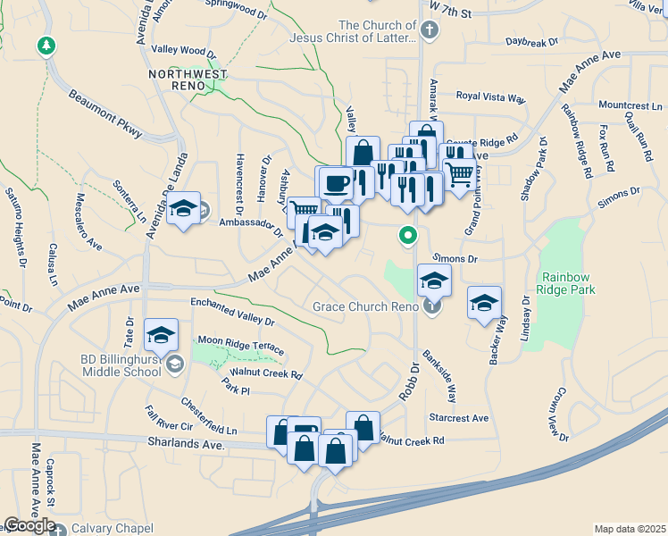 map of restaurants, bars, coffee shops, grocery stores, and more near 1496 Canyon Creek Road in Reno