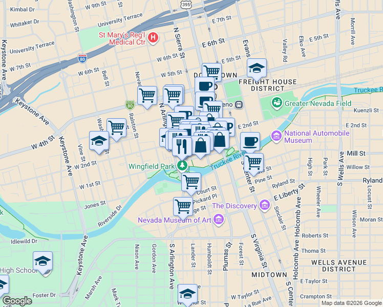 map of restaurants, bars, coffee shops, grocery stores, and more near in Reno