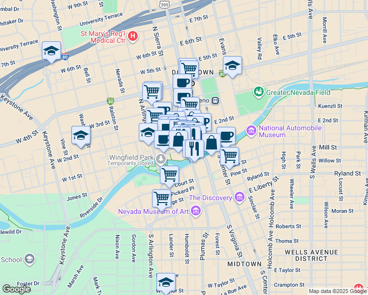 map of restaurants, bars, coffee shops, grocery stores, and more near 133 North Sierra Street in Reno