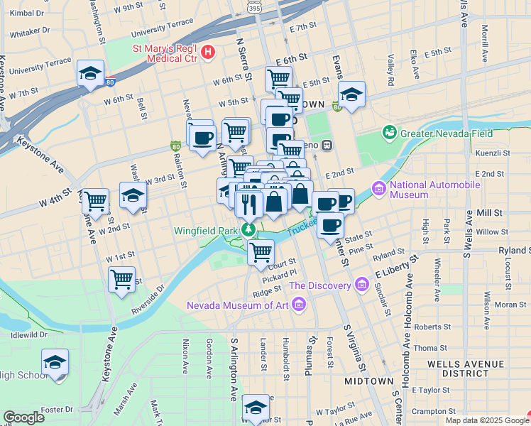 map of restaurants, bars, coffee shops, grocery stores, and more near in Reno