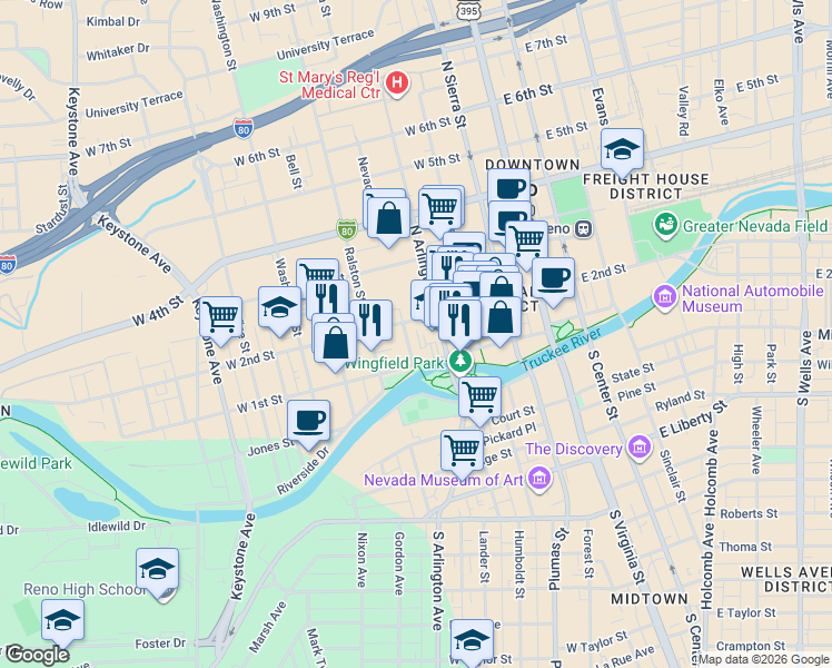 map of restaurants, bars, coffee shops, grocery stores, and more near in Reno
