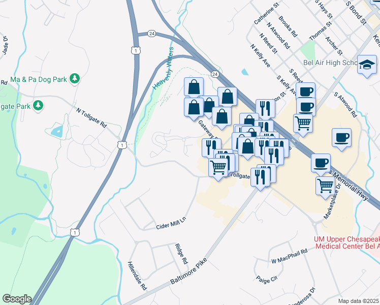 map of restaurants, bars, coffee shops, grocery stores, and more near 603 Thames Way in Bel Air