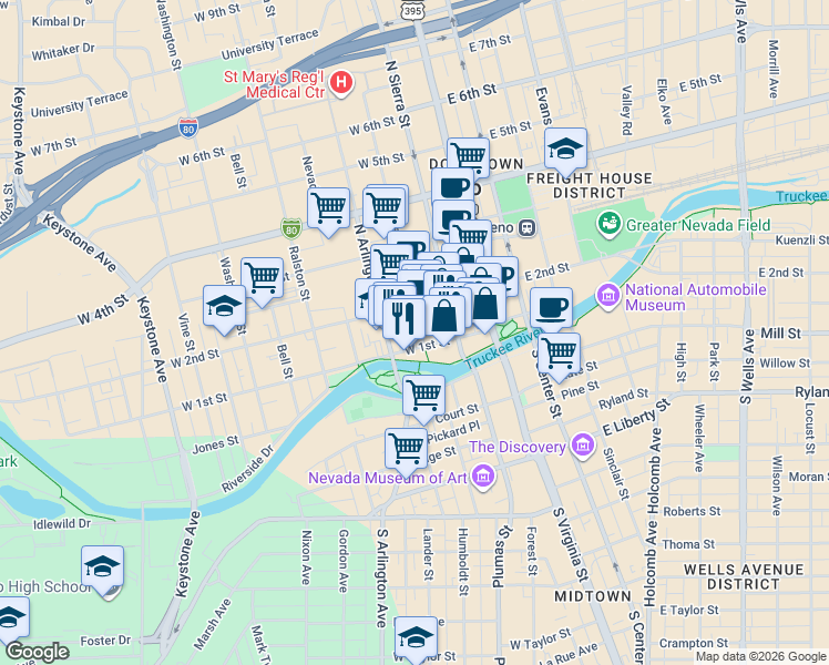 map of restaurants, bars, coffee shops, grocery stores, and more near in Reno