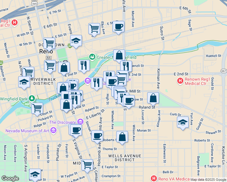 map of restaurants, bars, coffee shops, grocery stores, and more near 531 Willow Street in Reno
