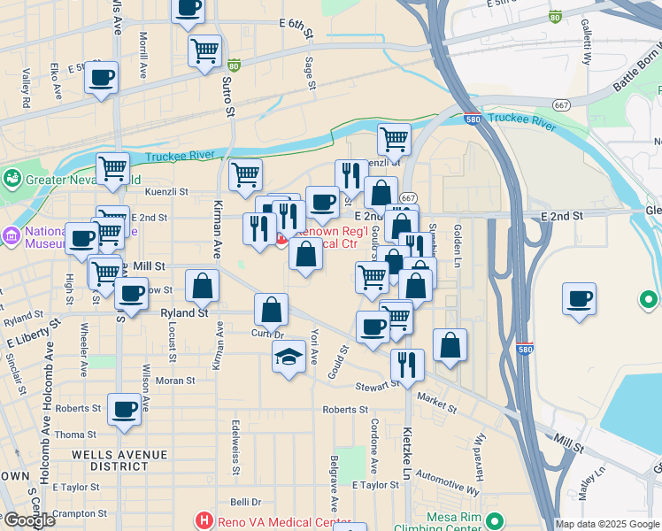 map of restaurants, bars, coffee shops, grocery stores, and more near 372 Maine Street in Reno