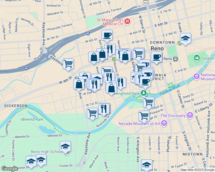 map of restaurants, bars, coffee shops, grocery stores, and more near 600 West 2nd Street in Reno