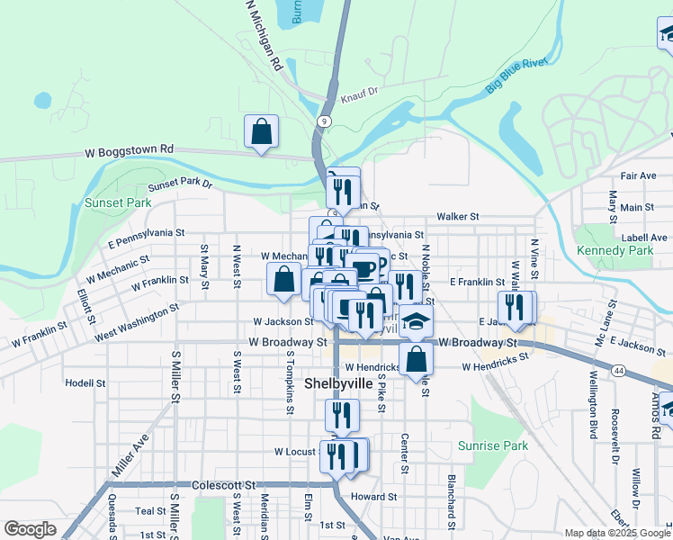 map of restaurants, bars, coffee shops, grocery stores, and more near 13 Public Square in Shelbyville