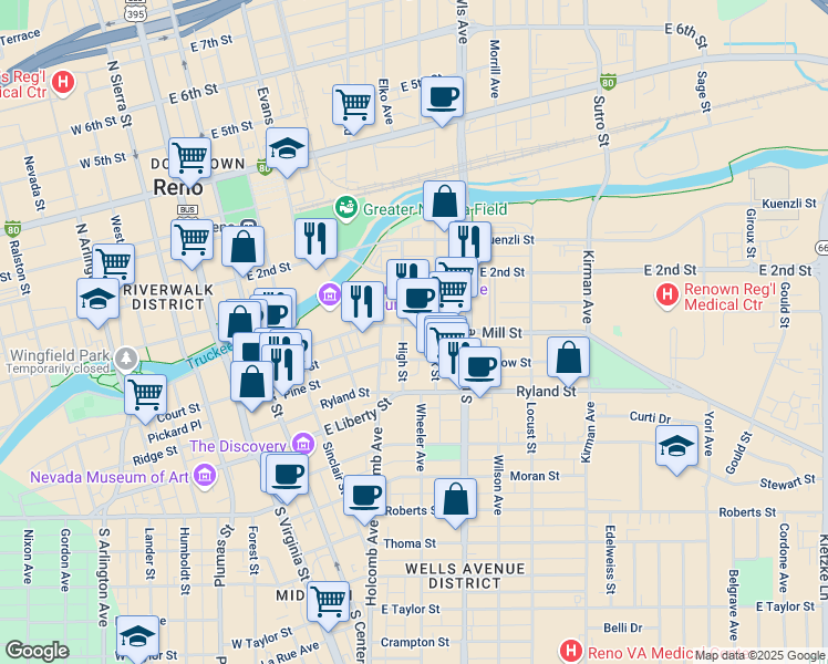 map of restaurants, bars, coffee shops, grocery stores, and more near 531 Willow Street in Reno