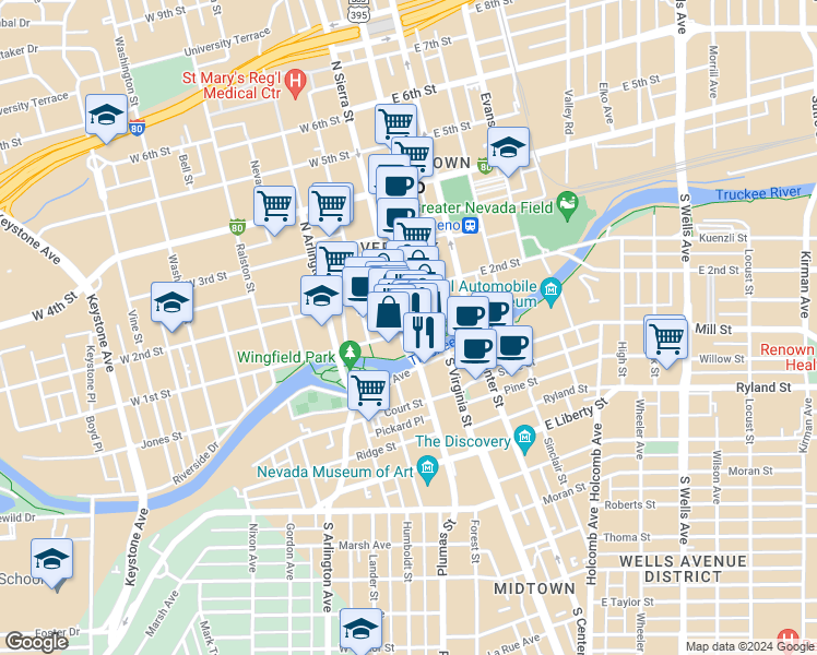 map of restaurants, bars, coffee shops, grocery stores, and more near 100 North Sierra Street in Reno