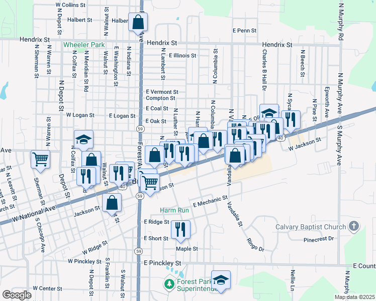 map of restaurants, bars, coffee shops, grocery stores, and more near 354 East National Avenue in Brazil