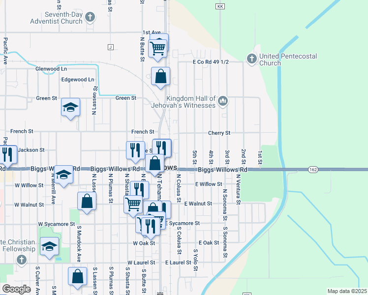 map of restaurants, bars, coffee shops, grocery stores, and more near 2 South Colusa Street in Willows