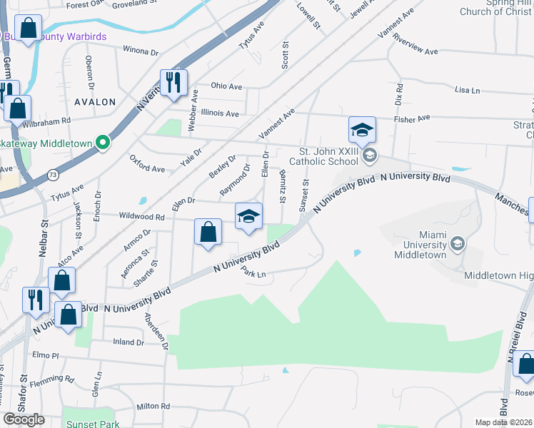 map of restaurants, bars, coffee shops, grocery stores, and more near 3300 Wildwood Road in Middletown