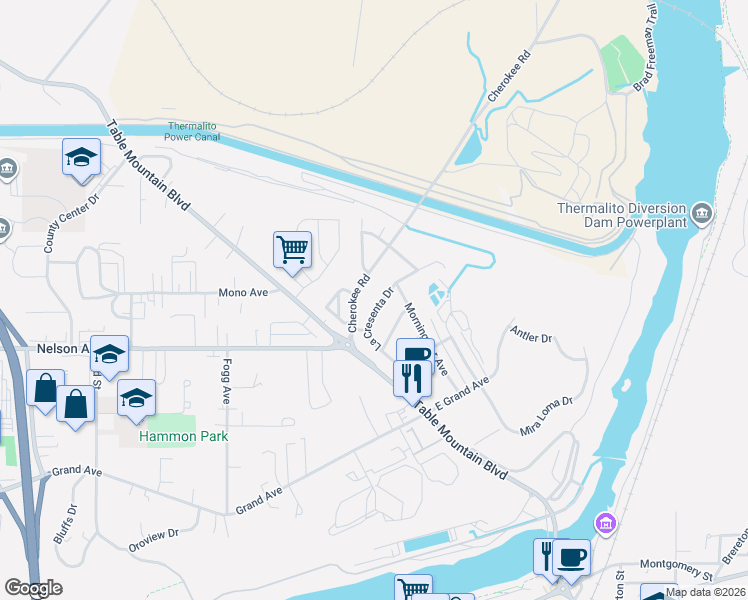 map of restaurants, bars, coffee shops, grocery stores, and more near 33 La Cresenta Drive in Oroville