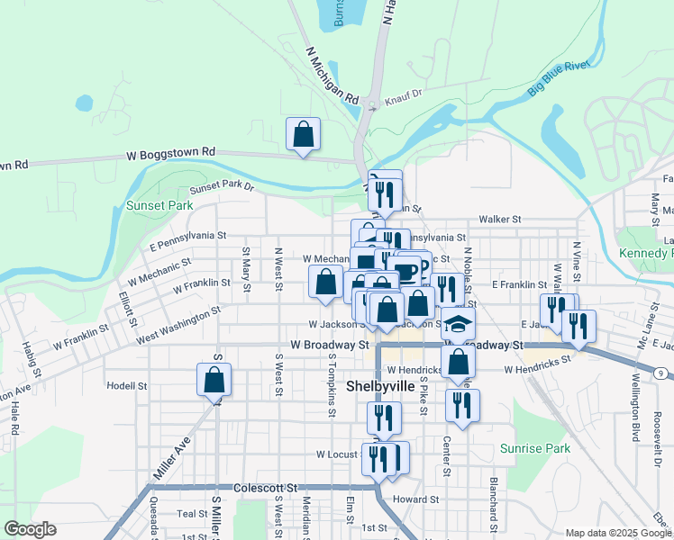 map of restaurants, bars, coffee shops, grocery stores, and more near 50 West Franklin Street in Shelbyville