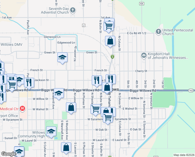 map of restaurants, bars, coffee shops, grocery stores, and more near 433 North Butte Street in Willows