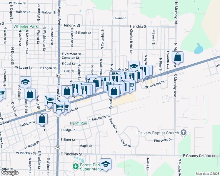 map of restaurants, bars, coffee shops, grocery stores, and more near 711 East National Avenue in Brazil
