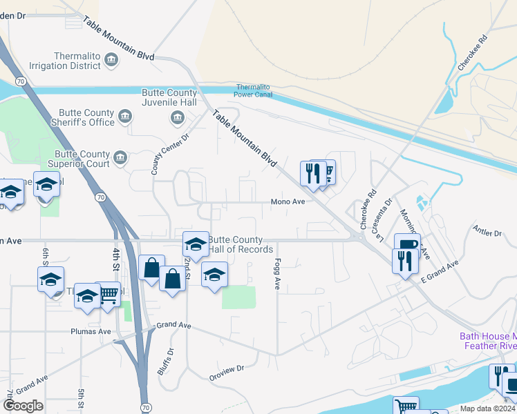 map of restaurants, bars, coffee shops, grocery stores, and more near 83 Mono Avenue in Oroville