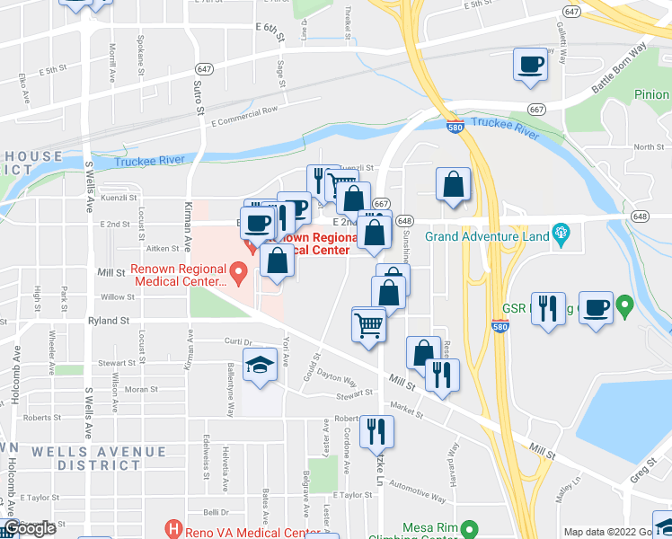 map of restaurants, bars, coffee shops, grocery stores, and more near 395 Gould Street in Reno