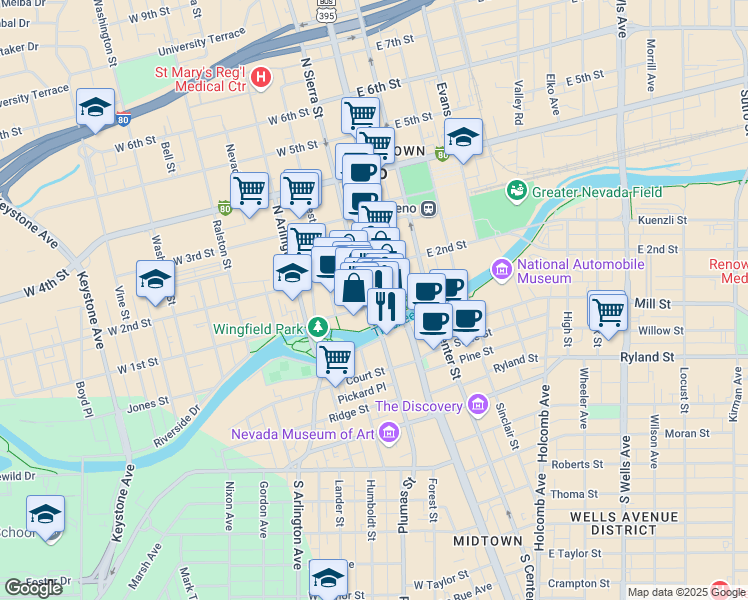 map of restaurants, bars, coffee shops, grocery stores, and more near in Reno