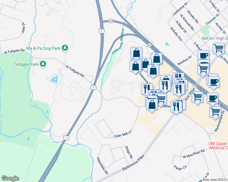 map of restaurants, bars, coffee shops, grocery stores, and more near 310 Canterbury Road in Bel Air