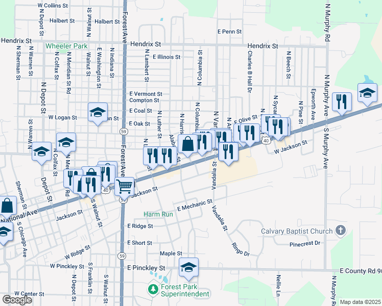 map of restaurants, bars, coffee shops, grocery stores, and more near 500-576 E National Ave in Brazil