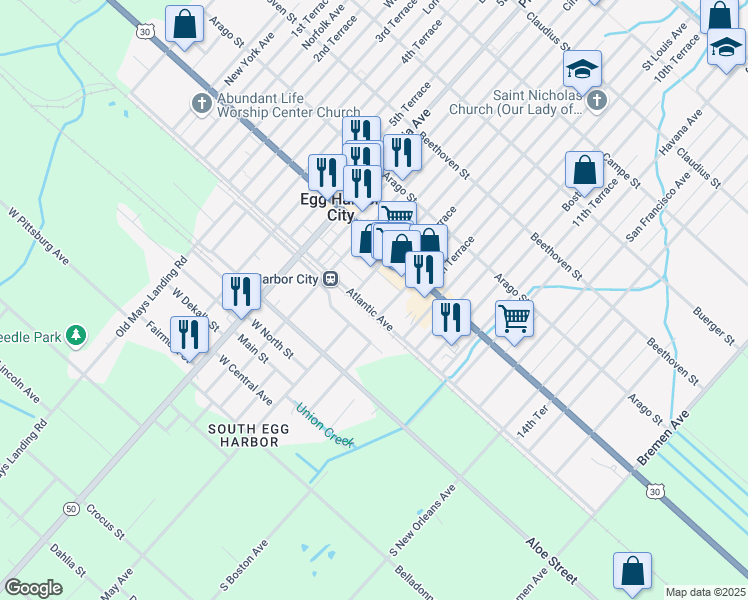 map of restaurants, bars, coffee shops, grocery stores, and more near 901 Atlantic Avenue in Egg Harbor City