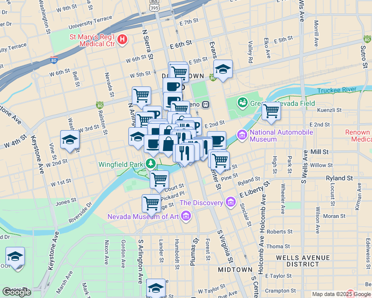 map of restaurants, bars, coffee shops, grocery stores, and more near 101 North Virginia Street in Reno