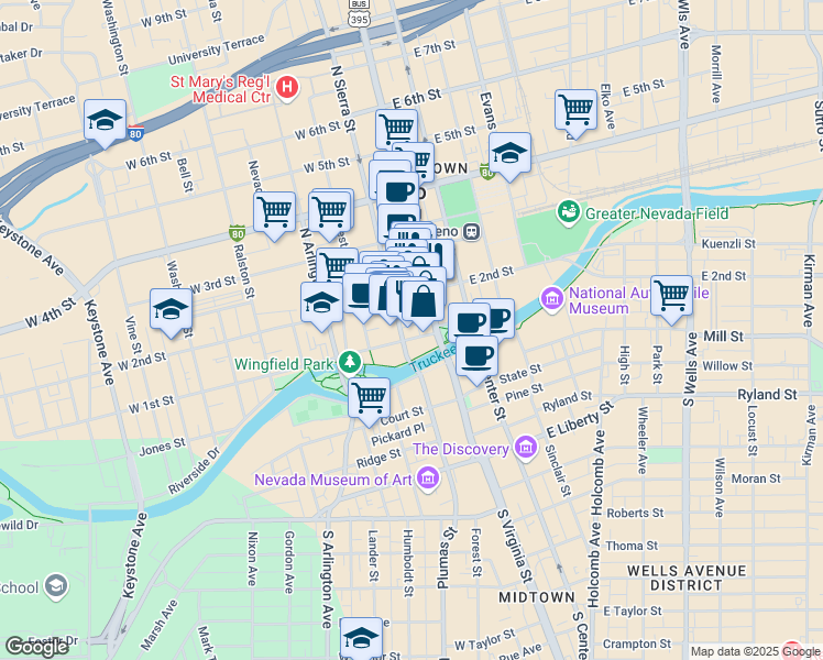 map of restaurants, bars, coffee shops, grocery stores, and more near 26 West 2nd Street in Reno