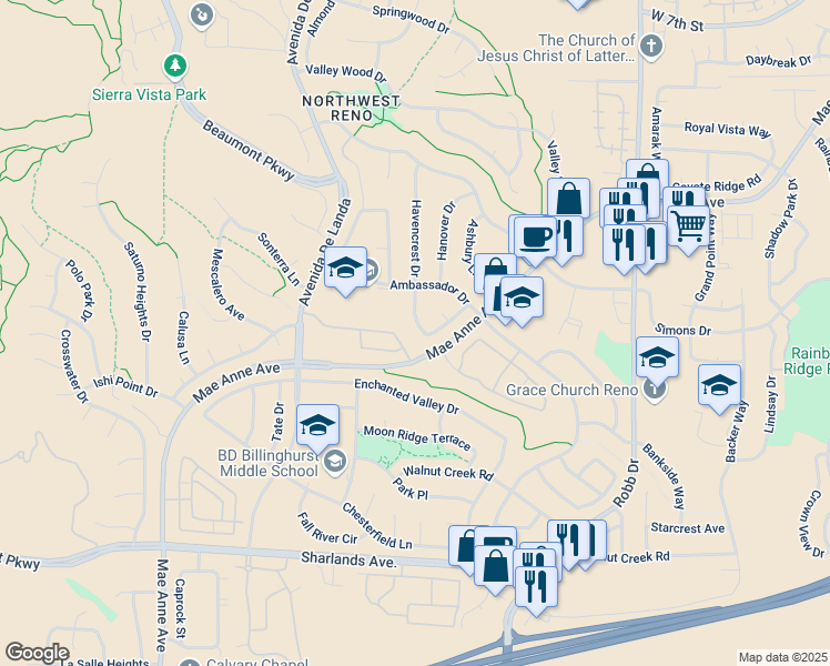 map of restaurants, bars, coffee shops, grocery stores, and more near 1545 Havencrest Drive in Reno
