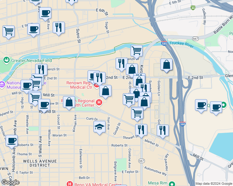 map of restaurants, bars, coffee shops, grocery stores, and more near 1500 East 2nd Street in Reno
