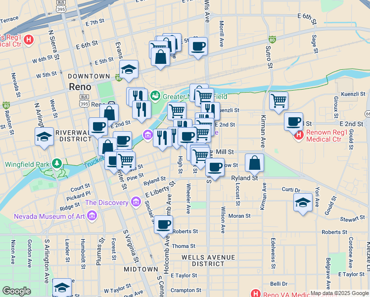 map of restaurants, bars, coffee shops, grocery stores, and more near 527 Mill Street in Reno