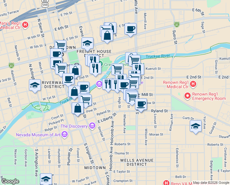 map of restaurants, bars, coffee shops, grocery stores, and more near 61 High Street in Reno