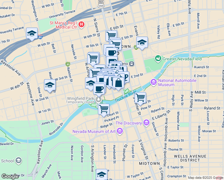 map of restaurants, bars, coffee shops, grocery stores, and more near 133 North Sierra Street in Reno