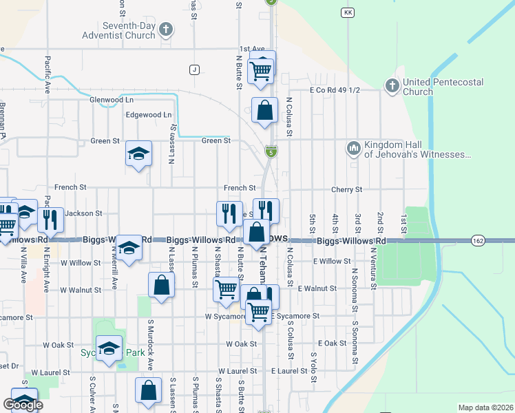 map of restaurants, bars, coffee shops, grocery stores, and more near 123 Vine Street in Willows