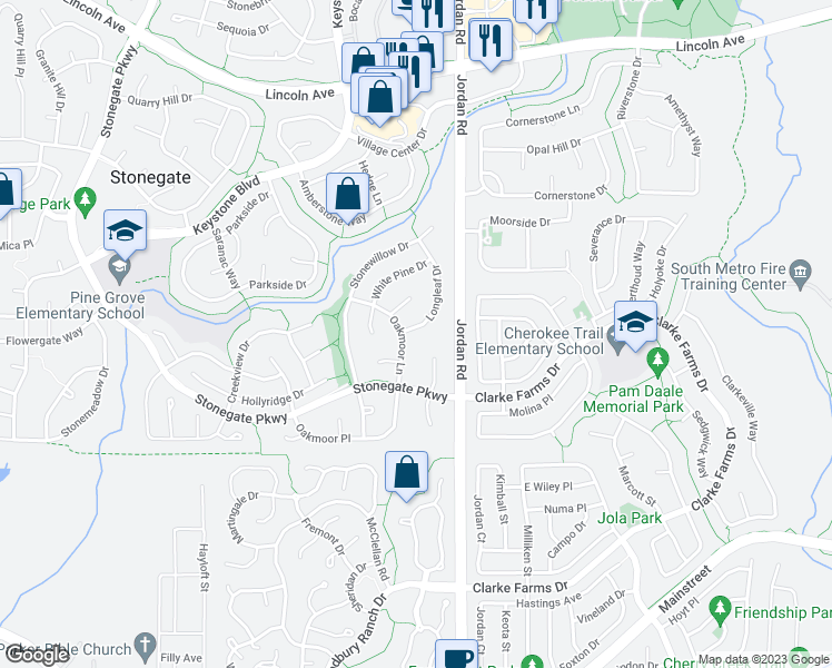 map of restaurants, bars, coffee shops, grocery stores, and more near 10494 Longleaf Drive in Parker